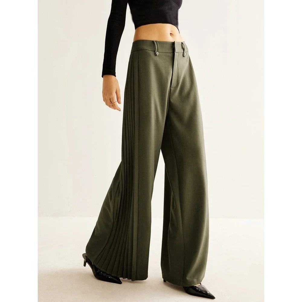 Commense Wide Leg Pleated ArmyGreen Trousers High Waist Palazzo Pants size S - Picture 1 of 15